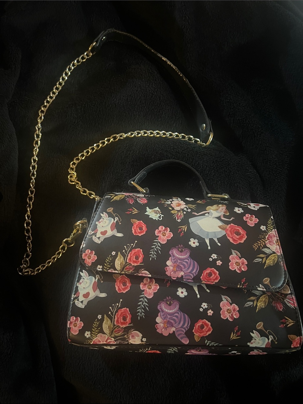 Black Floral Alice Print Top-Handle Crossbody Purse